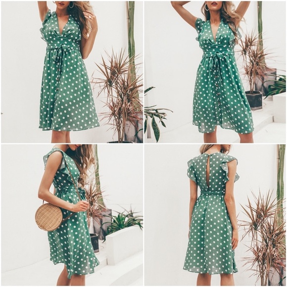 V-Neck Polka Dot Green Midi Belted Dress - Picture 5 of 9